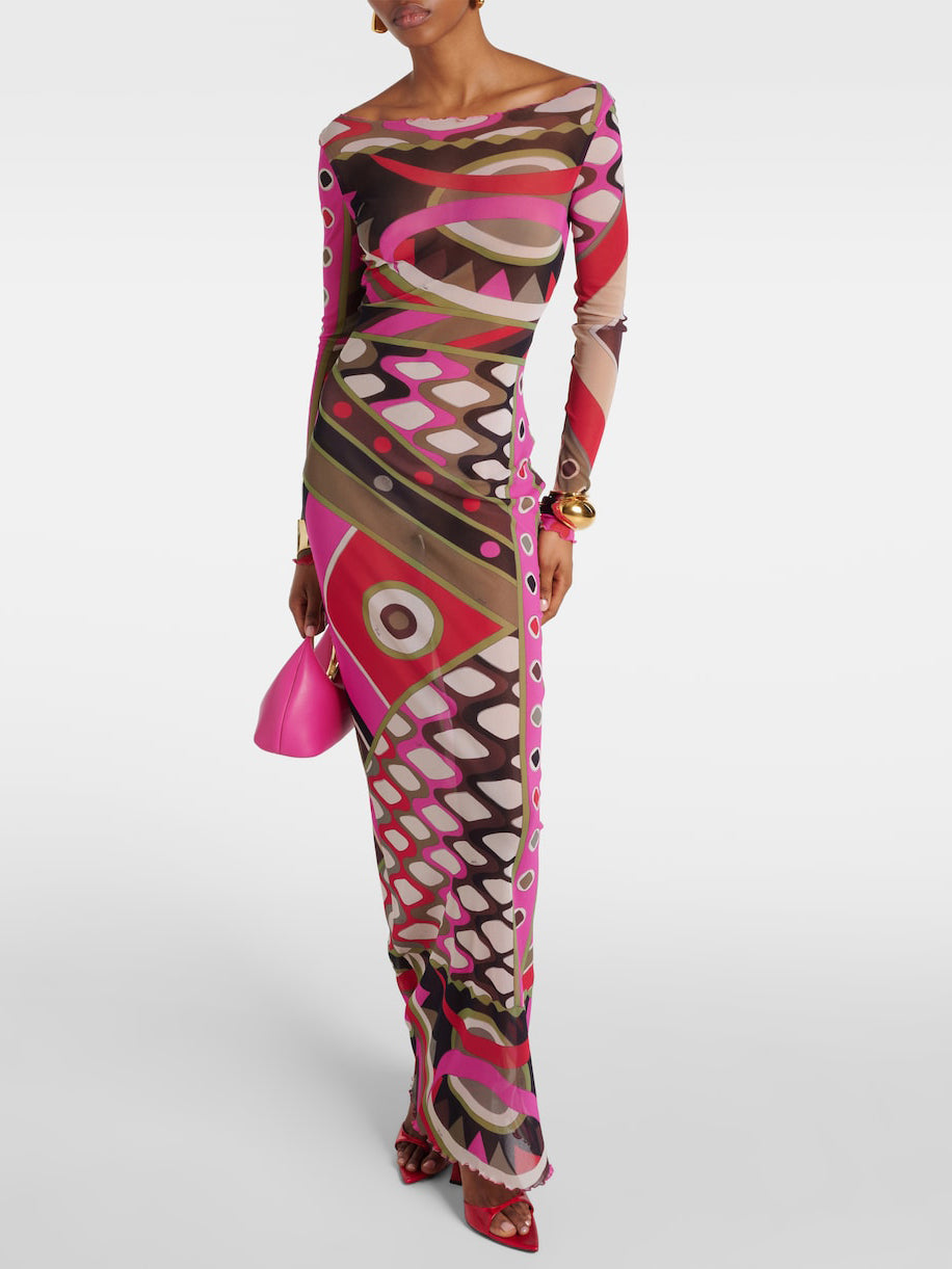 Retro Personality Abstract Print Long Sleeve Maxi Dress