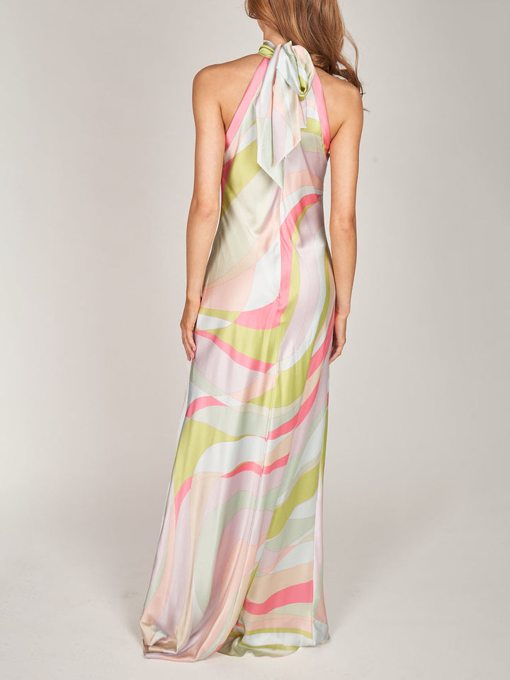 Exquisite Satin Dreamy Wave Print Maxi Dress