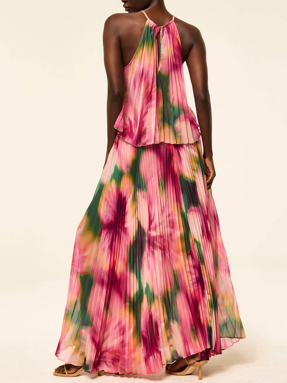 Elegant Gradient Hibiscus Print Pleated Maxi Skirt