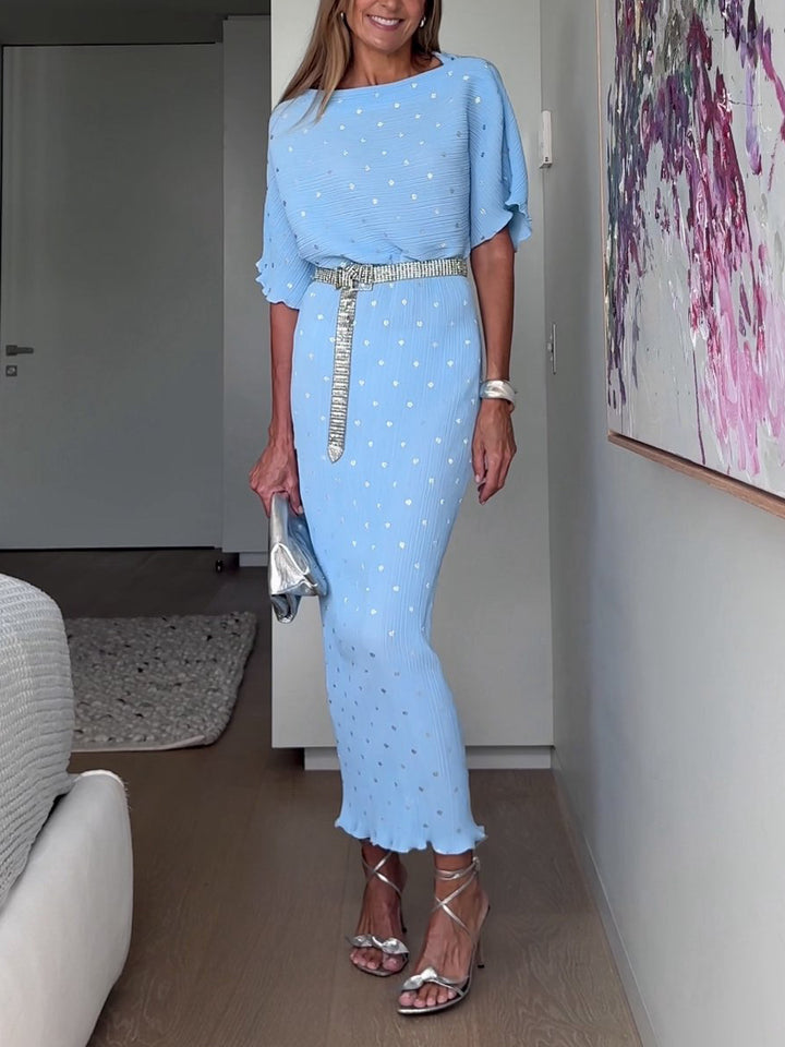 Elegant Pleated Dropped Shoulder Sleeve Maxi Dress