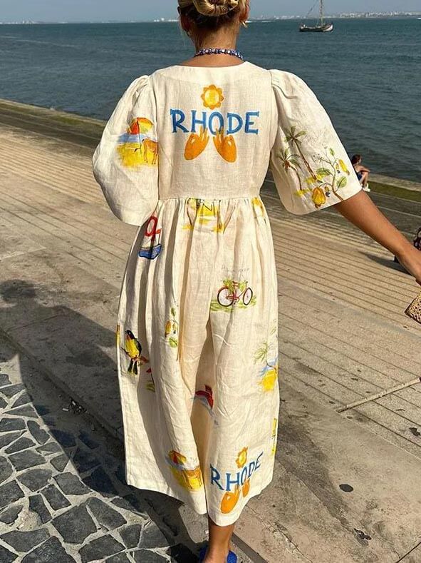 Rochie midi unică cu mâneci bufante cu imprimeu floral popular de vacanță