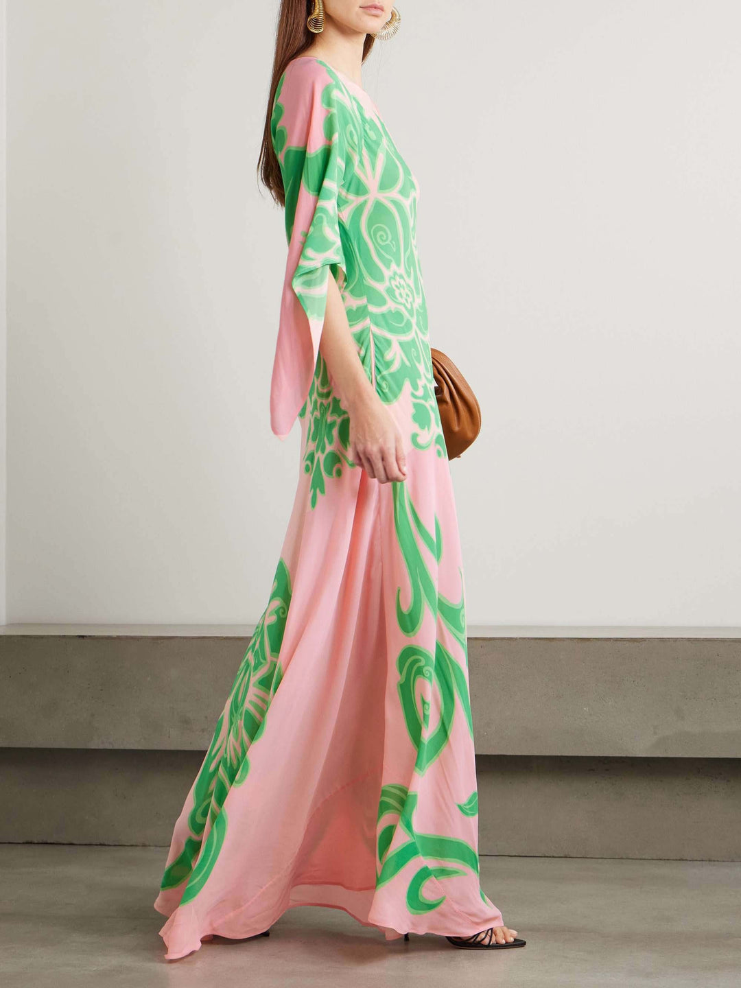 Elegant Floral Green Graphic Print Round Neck Maxi Dress