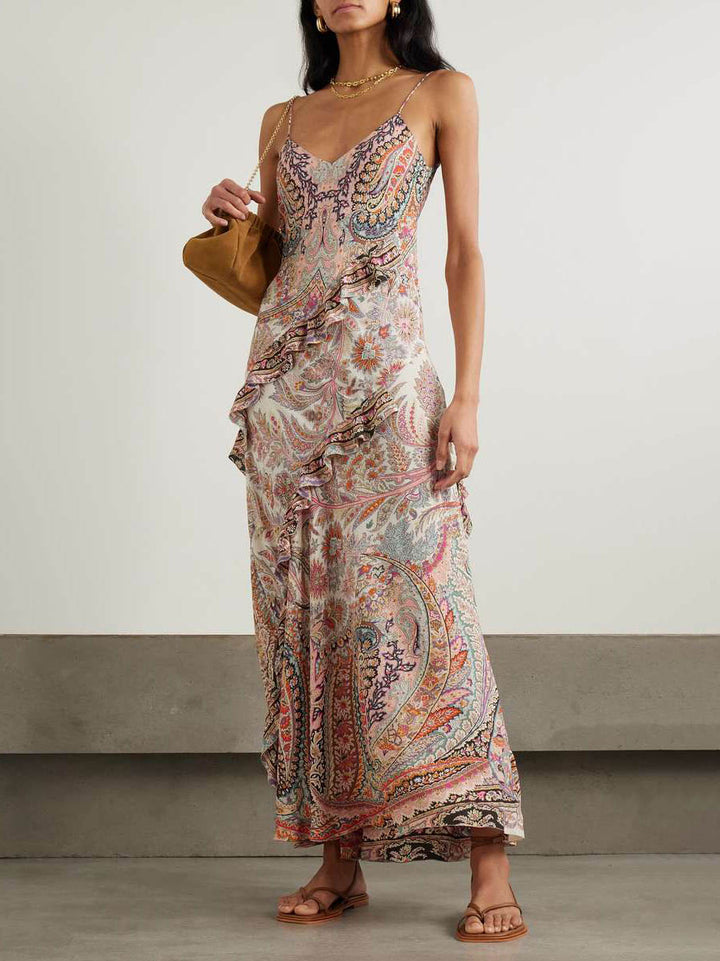 Retro Pirley Print Ruffle Chiffon Midi Dress