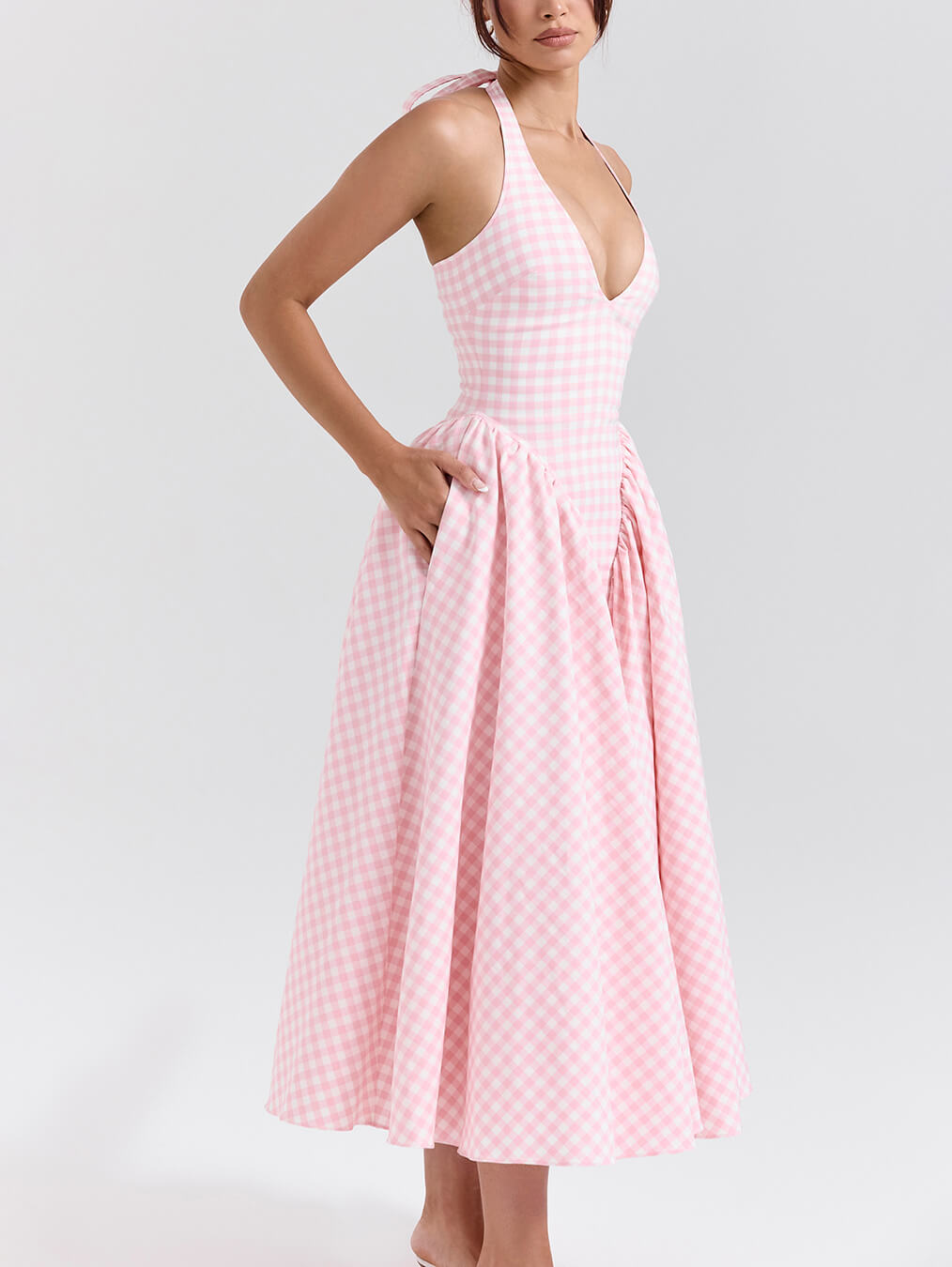 Elegant Retro Deep V Neck Plaid Midi Dress