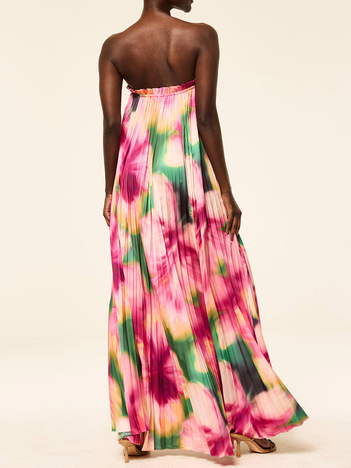 Elegant Hibiscus Print Pleated Maxi Dress