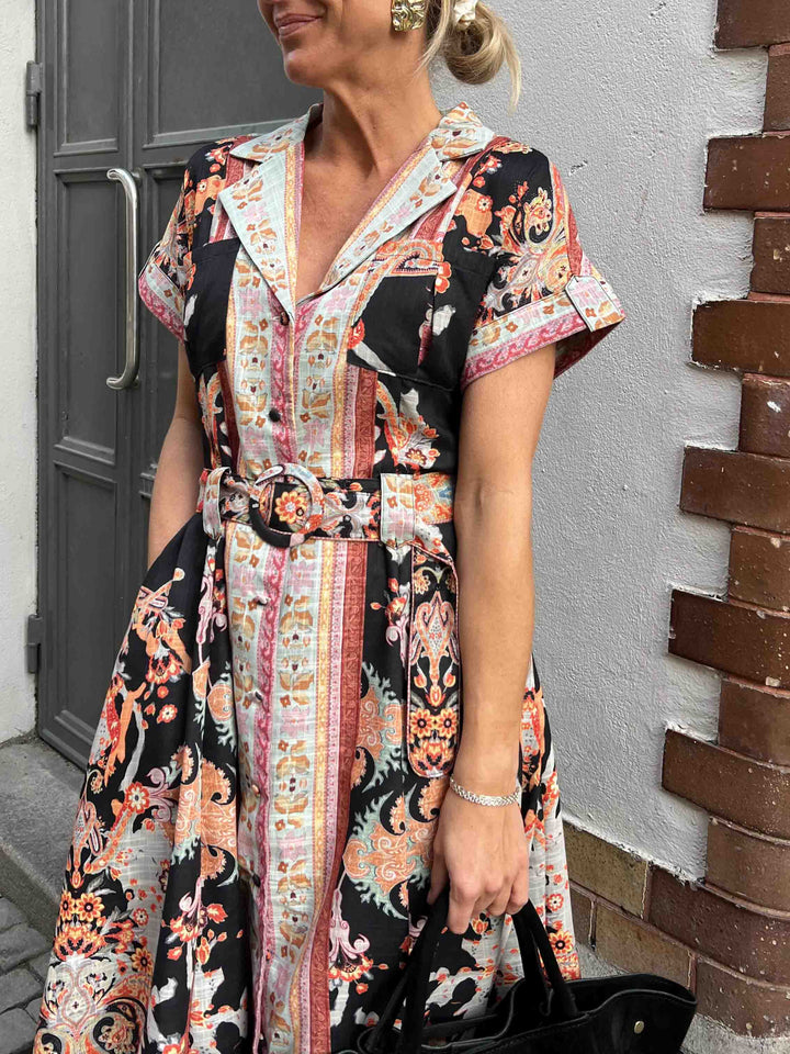 Exquisite Vintage Plley Print Shirt-style Maxi Dress