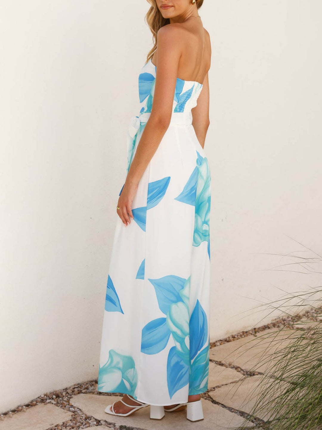 Elegant Blue Floral Print Strapless Jumpsuit