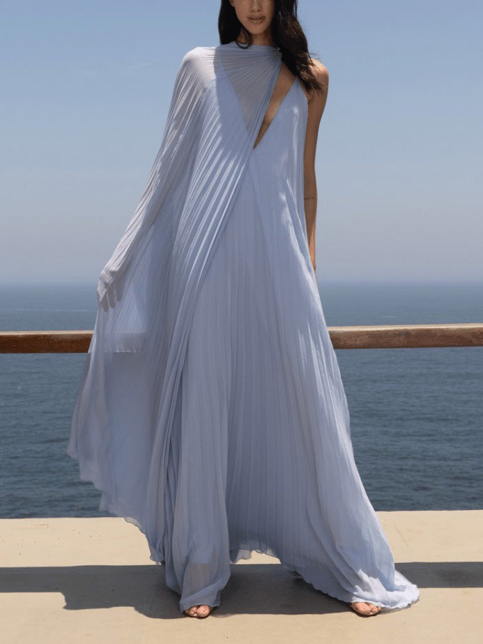 Elegant V-neck Pleated Flowy Maxi Dress