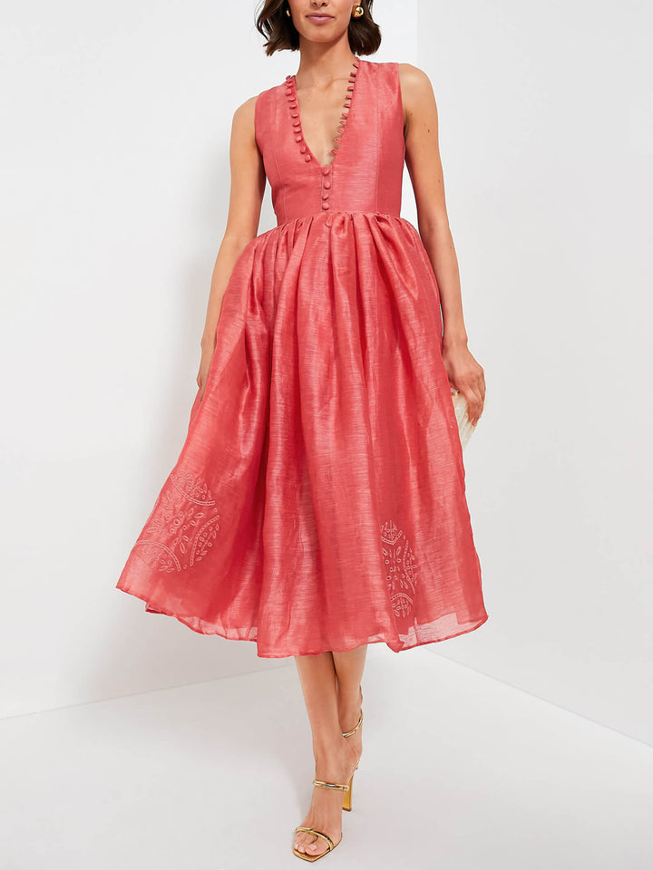 Robe midi fine brodée à col en V exquise