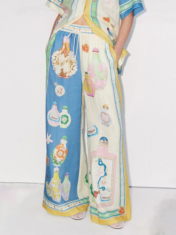 Exquisite Vintage Court Painted Print Wide Leg Pants