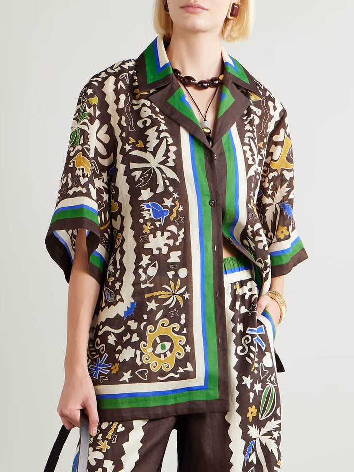 Unique Vintage Moroccan Print Linen Elastic Waist Pocket Wide-Leg Pants