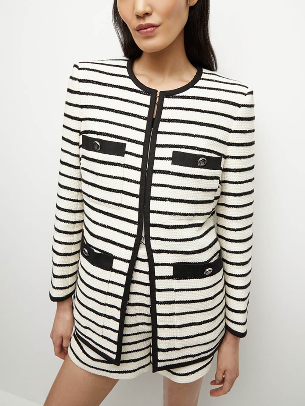 Exquisite Striped Patchwork Pocket Dickie Jacket