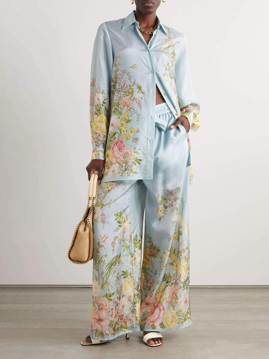 Fine Satin Positioned Floral Print Wide Leg Pants