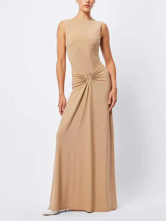 Casual Round Neck Pleated Midi Dress