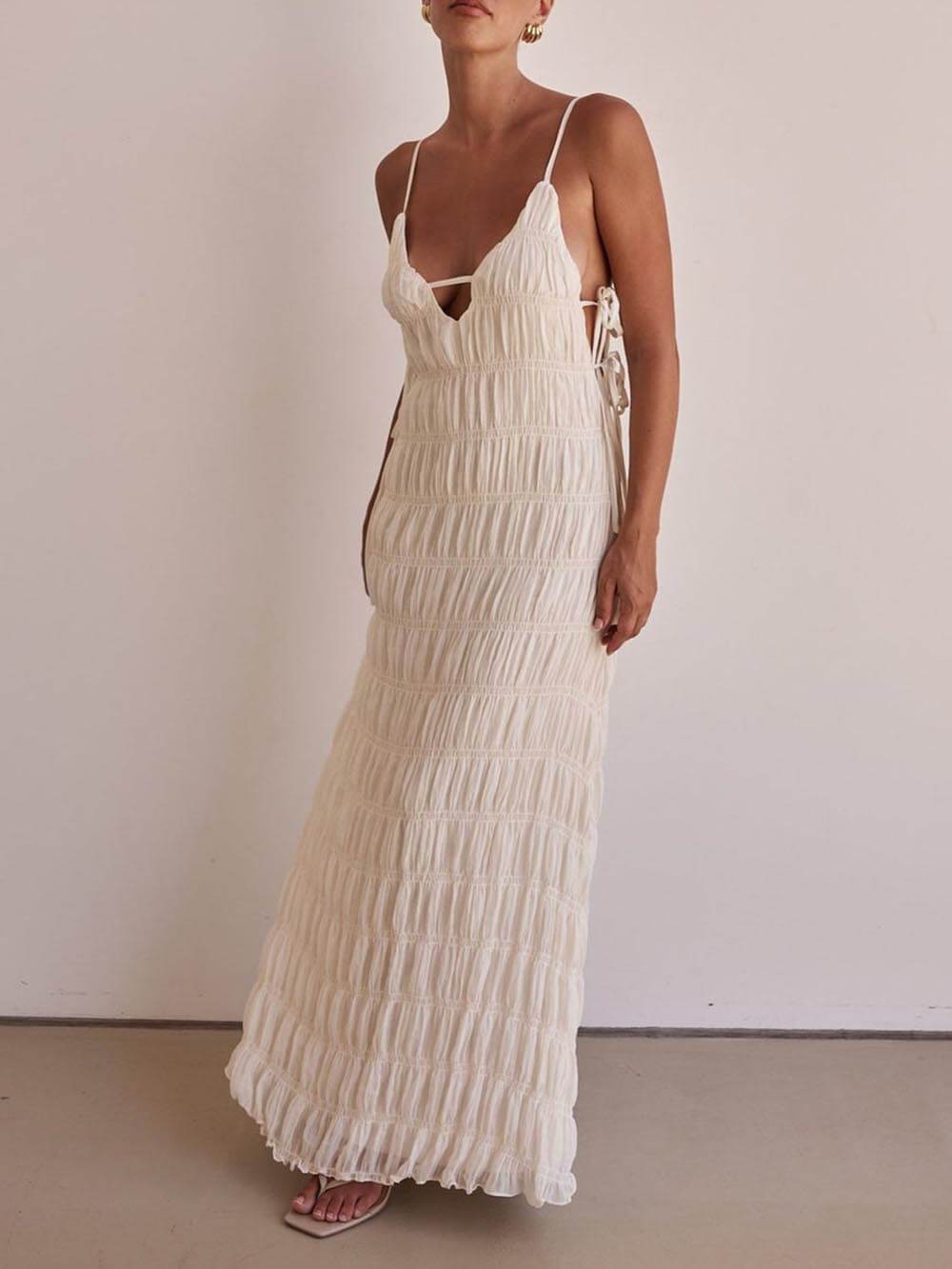 Elegant Pleated Lace-Up Adjustable Straps Loose Maxi Dress