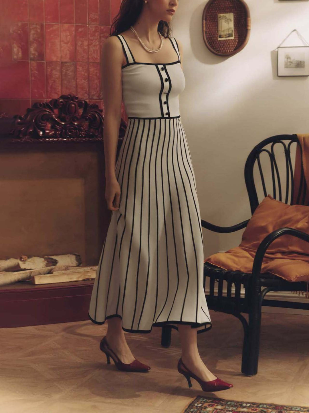 Vintage Suspender Striped Contrast Knitted Midi Dress