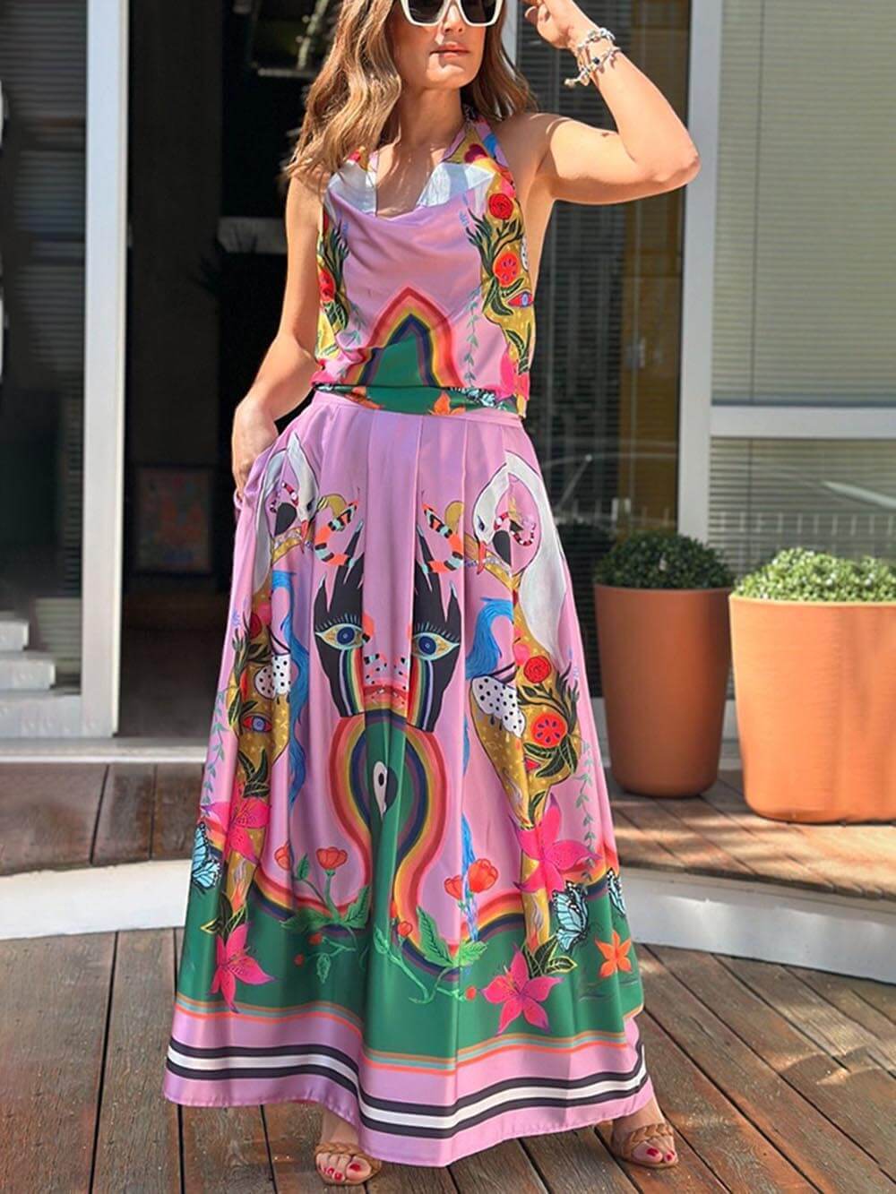 Elegance Unique Satin Print Back Tie-up Pocket Halter Maxi Dress