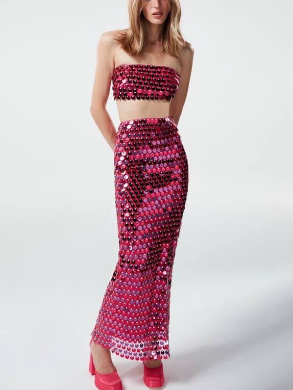 Fashionable Sequined Busty Long Skirt Suit