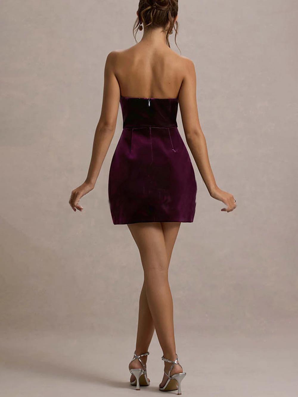 Elegant Velvet Jewel Embellished Trim Bandeau Mini Dress