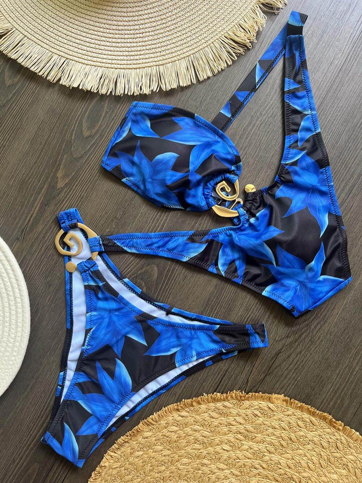 Sexy Metal Button Decorated Printed One-Piece Swimsuit