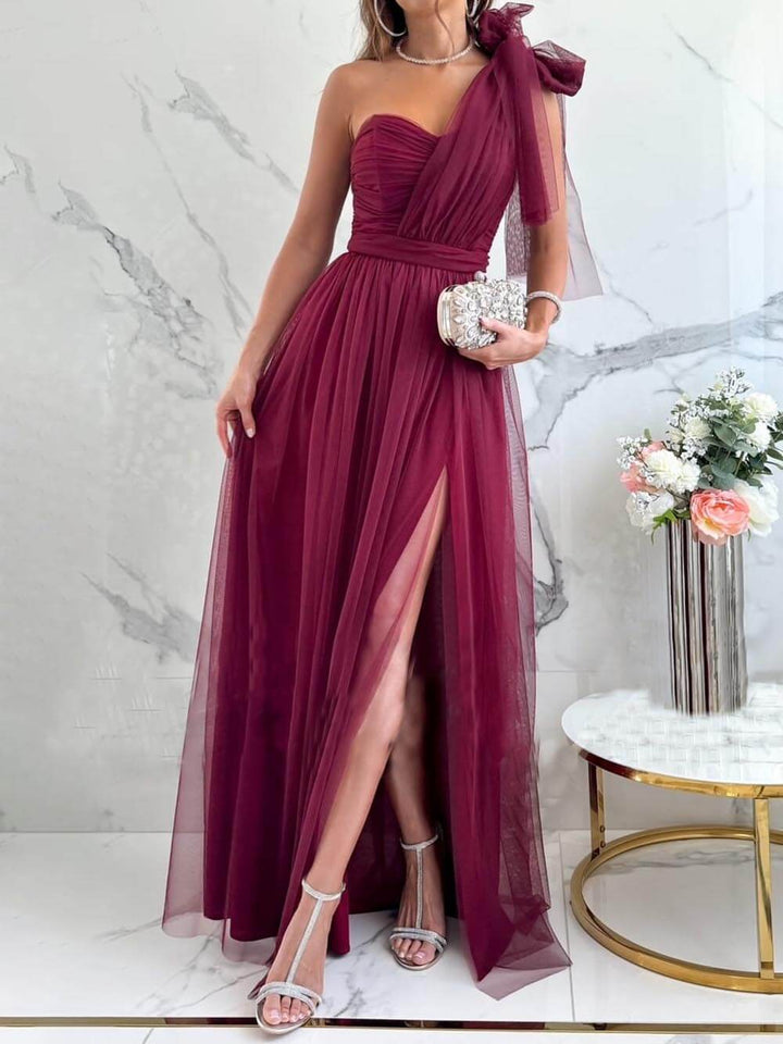 Elegant Feeling Tulle Knotted One Shoulder Pleated Slit Maxi Dress