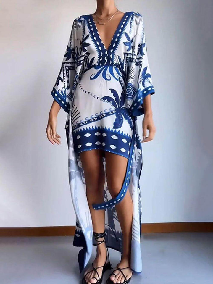 Unique Chic Palm Tree Ethnic Print Fake Two Piece Lace Up Maxi Dress