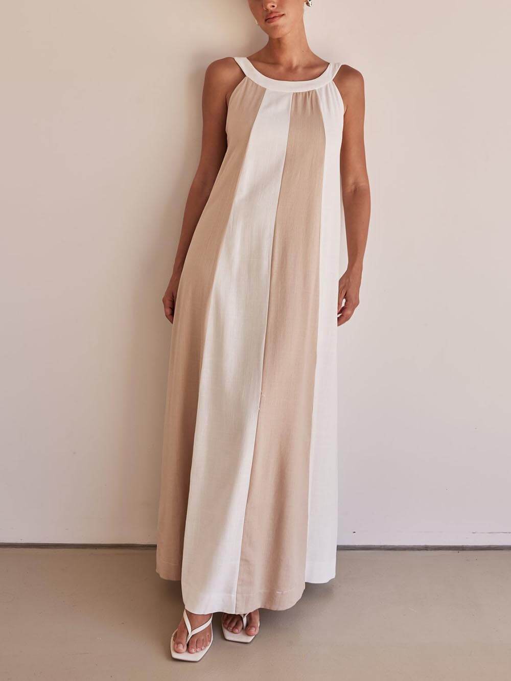 Elegant Two-Tone Stitching With Adjustable Straps A-Line Loose Maxi Dress