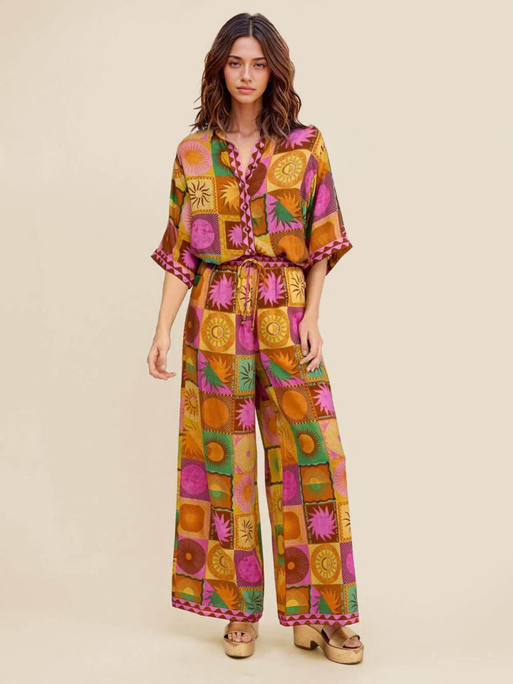 Unique Sun Pattern Print Loose Wide-Leg Pants