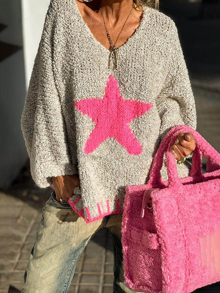 Winter Day Warm Texture Star Pattern Contrast Color Loose Sweater