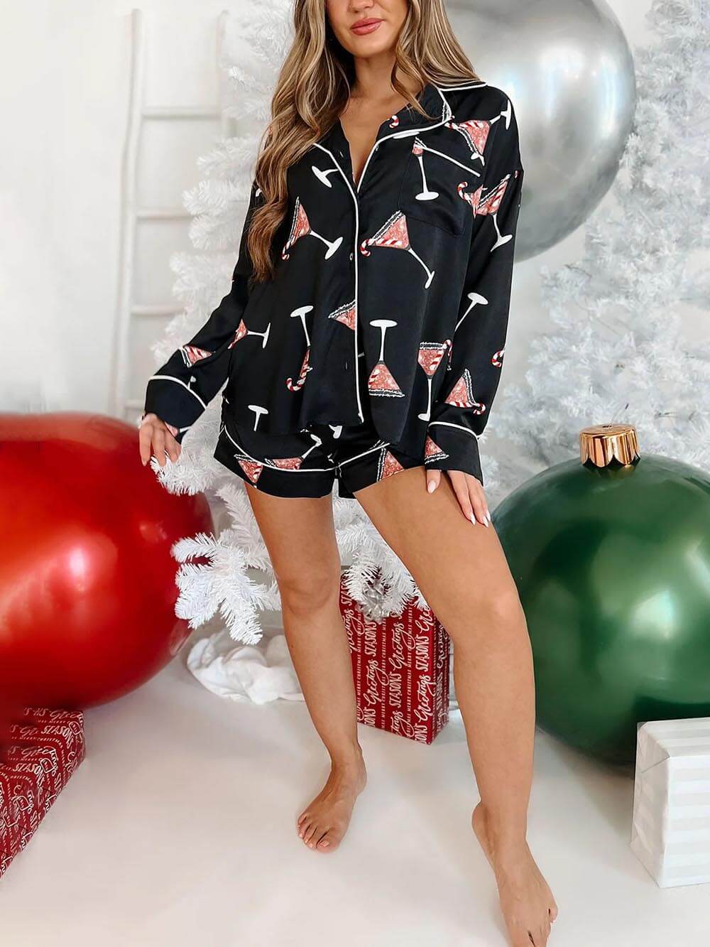 Kerst satijnen print homewear pyjamaset