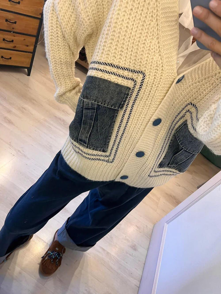 Veste pull cardigan en denim patchwork unique