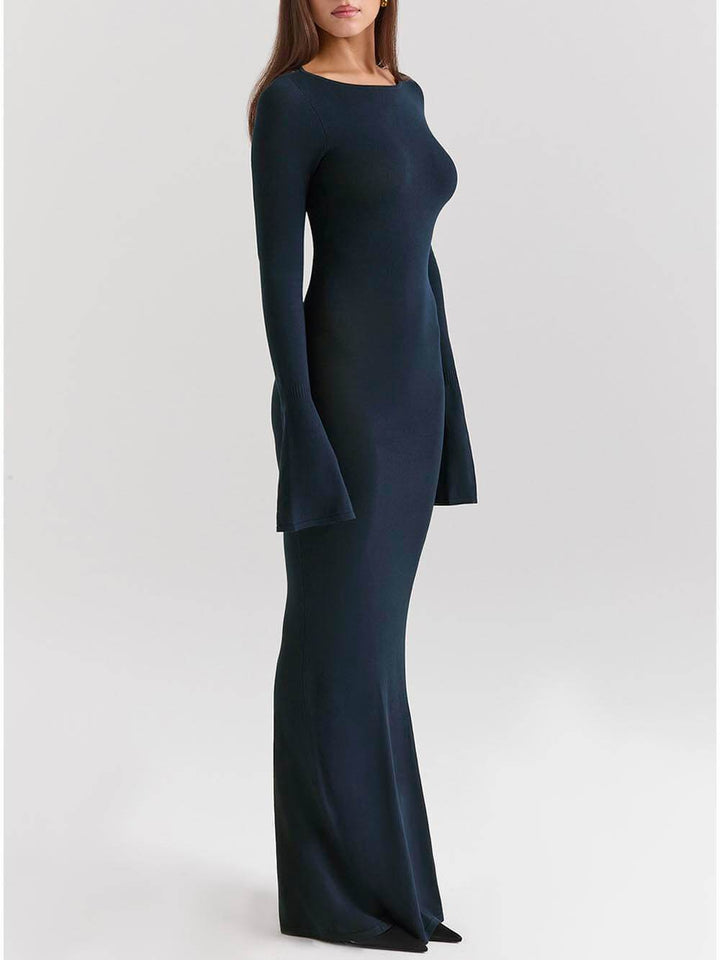 Elegant Midnight Blue Backless Fitted Maxi Dress