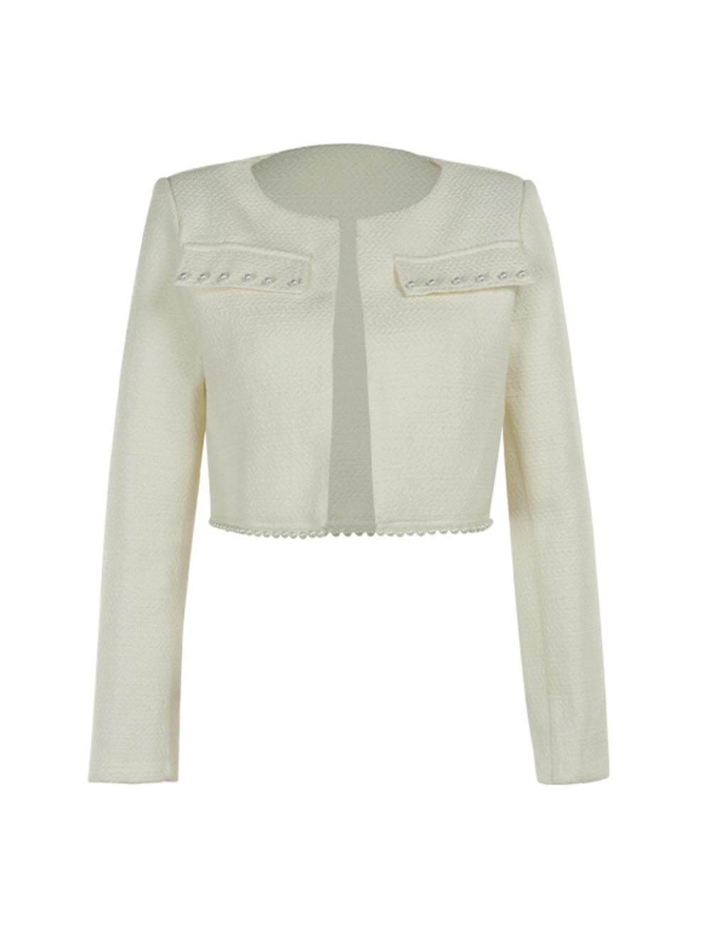 Elegant And Stylish Tweed Pearl-Embellished Long-Sleeved Jacket