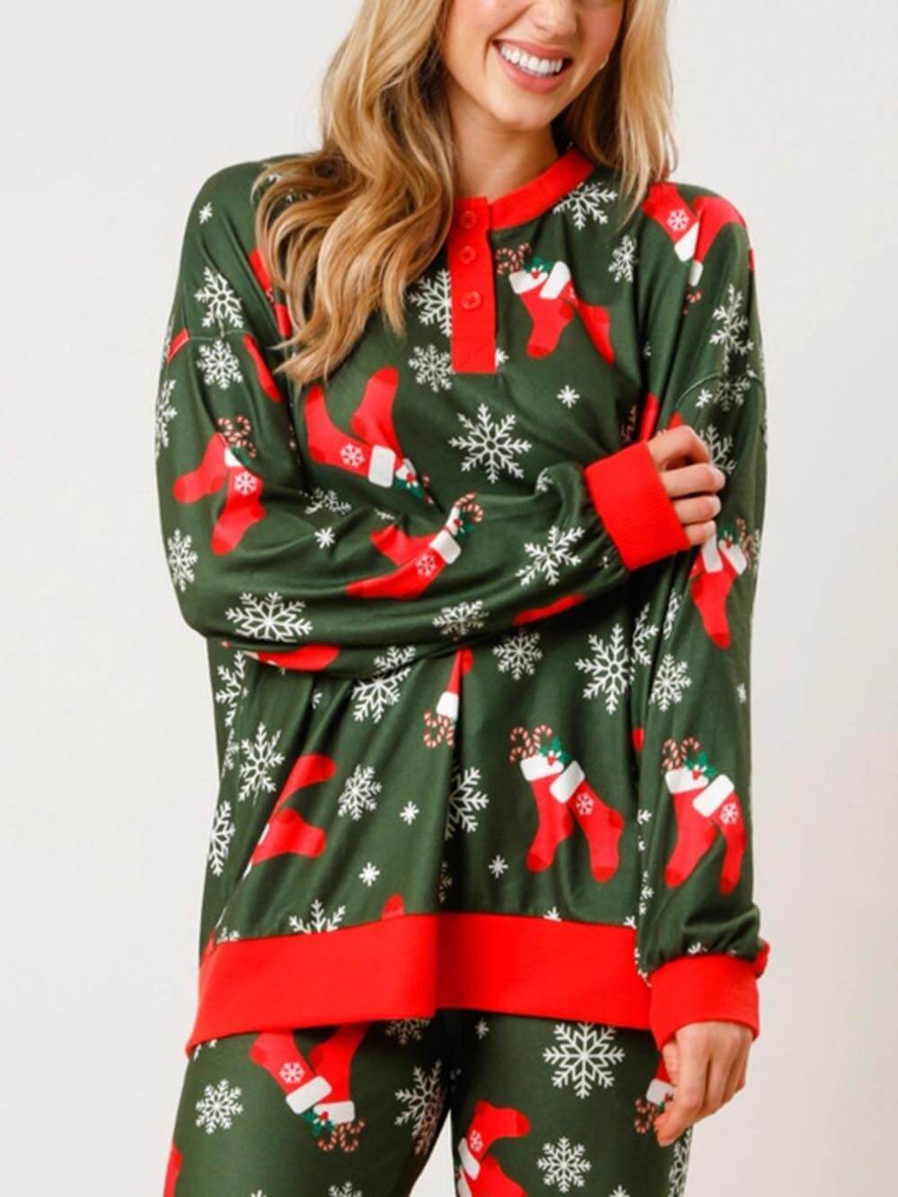 Christmas Cane Snefnug Print knap Langærmet Home Wear Set