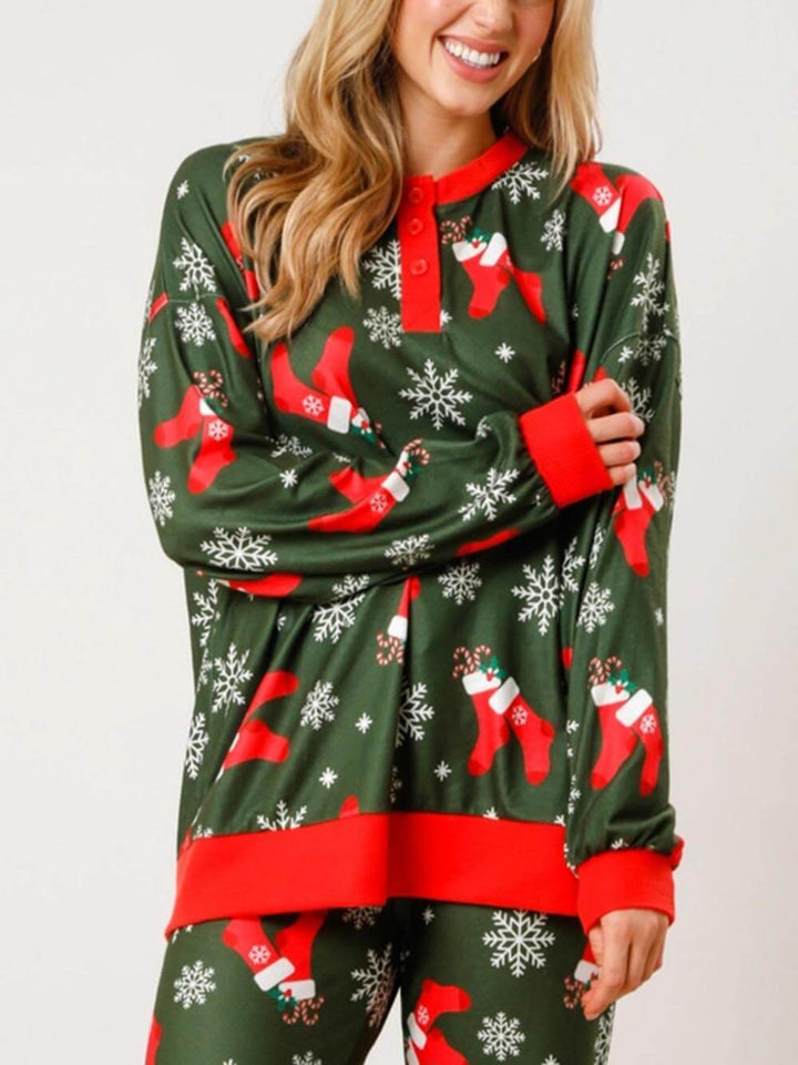 Christmas Cane Snowflake Print Button Long-Sleeved Home Wear Set