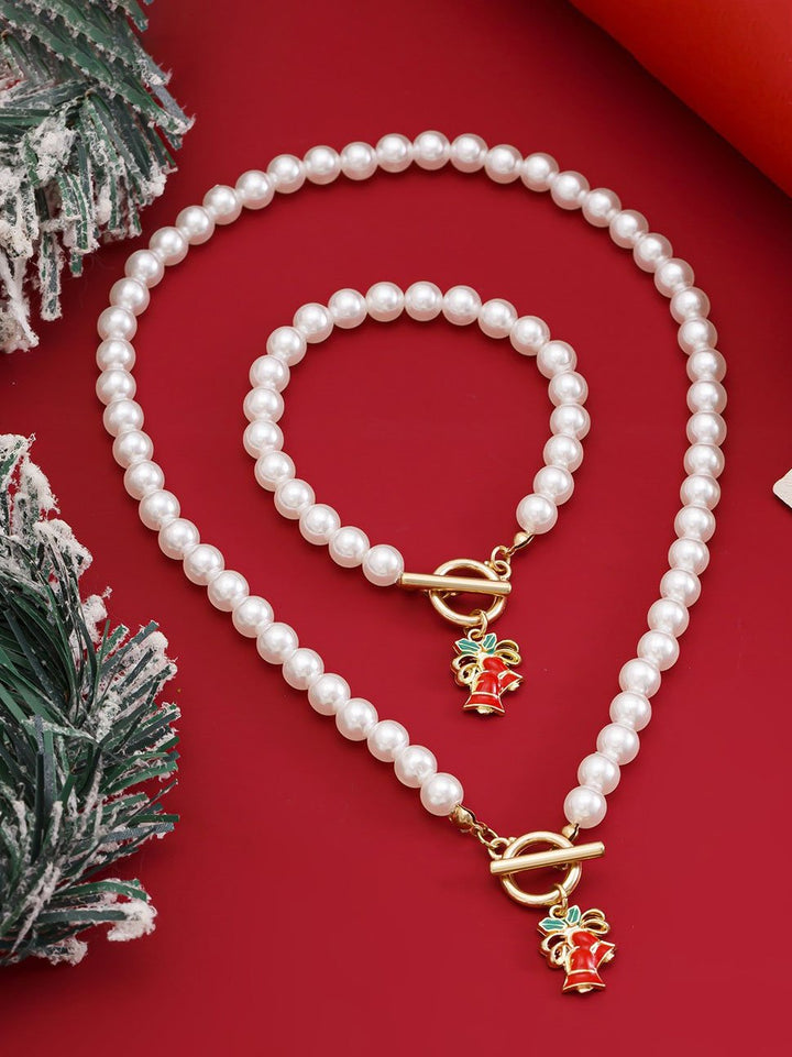 Juego de collar de regalo navideño con perlas y campanas navideñas