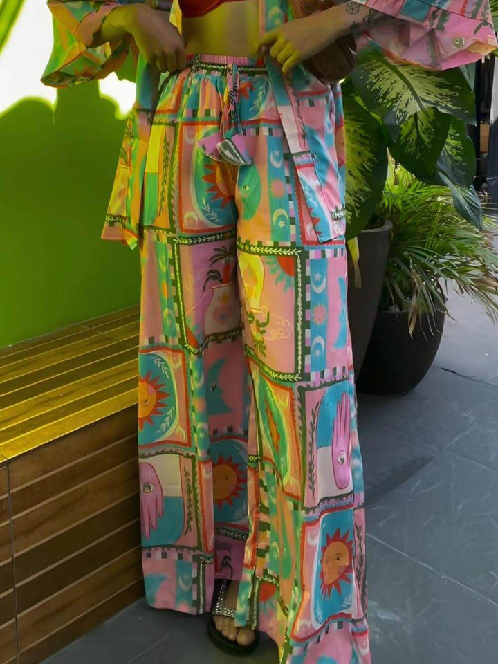 Unique Retro Dazzling Sun Pattern Print Loose Wide Leg Pants