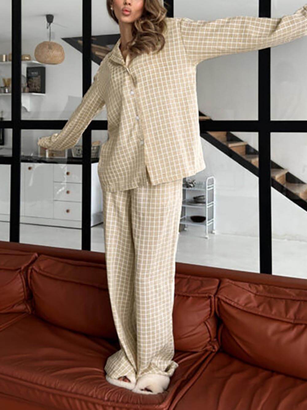 Loose-Fitting Plaid Print Long-Sleeved Home Wear Set