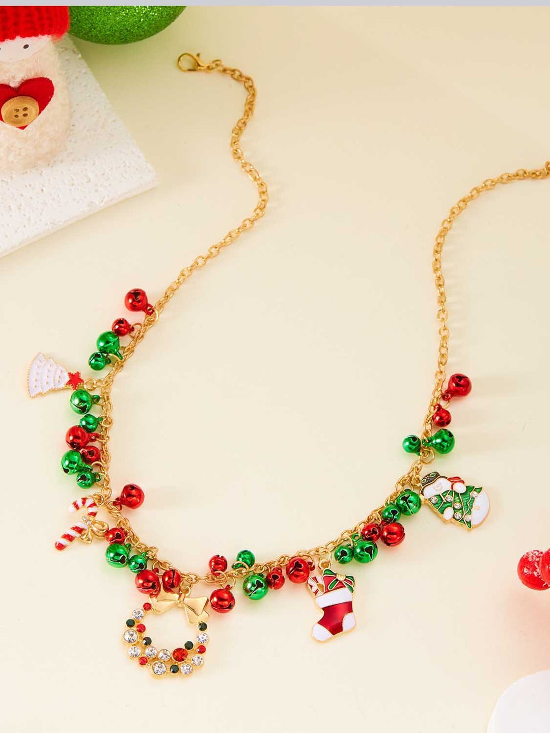 Versatile Christmas Bow Wreath Snowman Bell Necklace