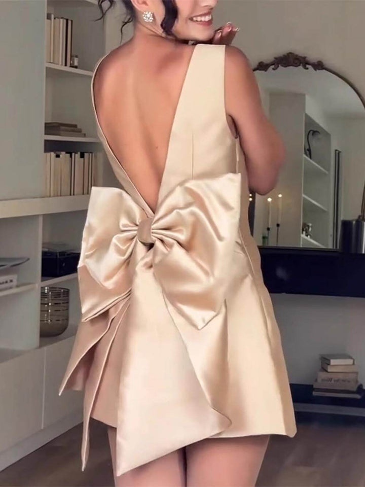 Modern Satin Backless Bow-Decorated High Waist Mini Dress