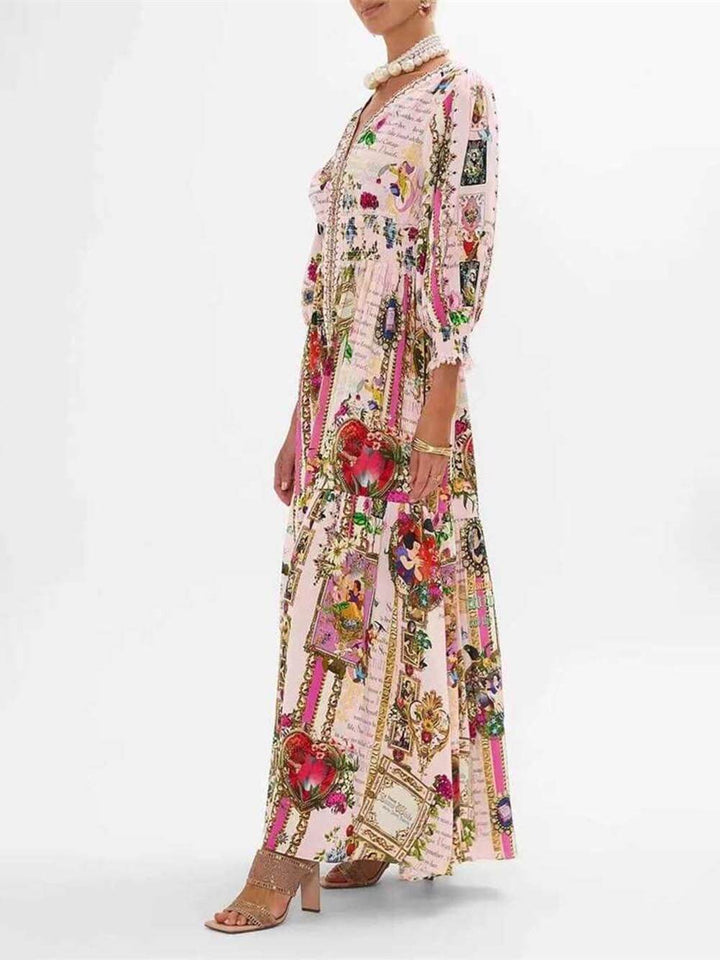 Elegant Ruffled Waist Printed Half Sleeve Flowing Maxi Dress