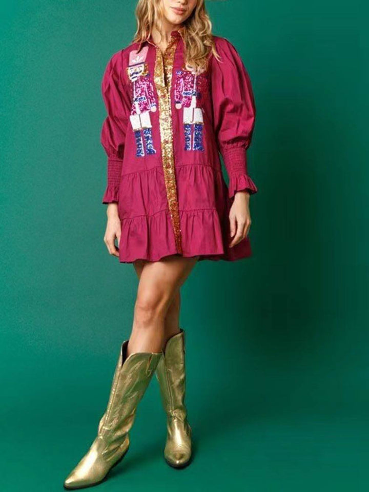 Christmas Lapel Contrast Long Sleeve Sequined Mini Dress