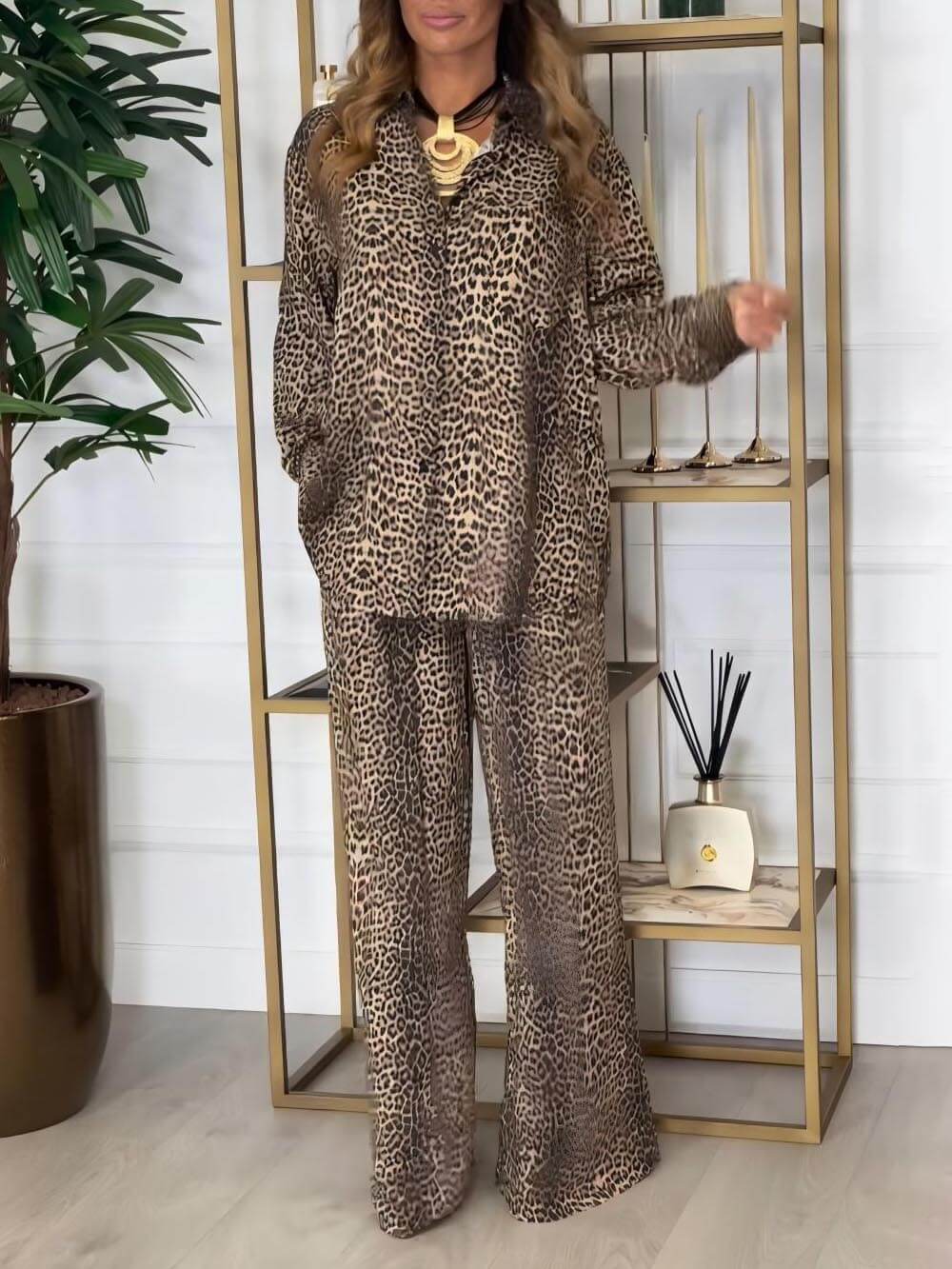 Unique Leopard Print Loose Pocket Wide-Leg Pants