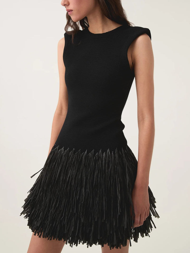 Elegant Raffia Layered Fringed Knitted Mini Dress