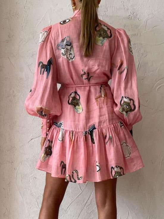 Unique Art Print Puff Sleeve Single Breasted Mini Dress