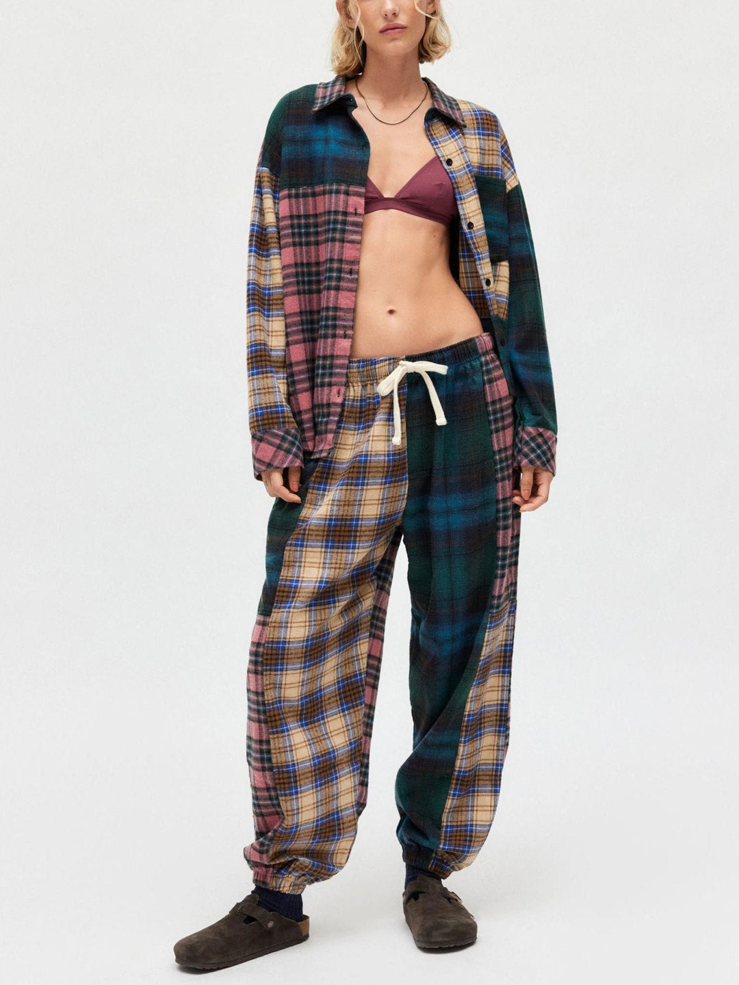 Unique Plaid Trousers Loose Stitching Pajama Set