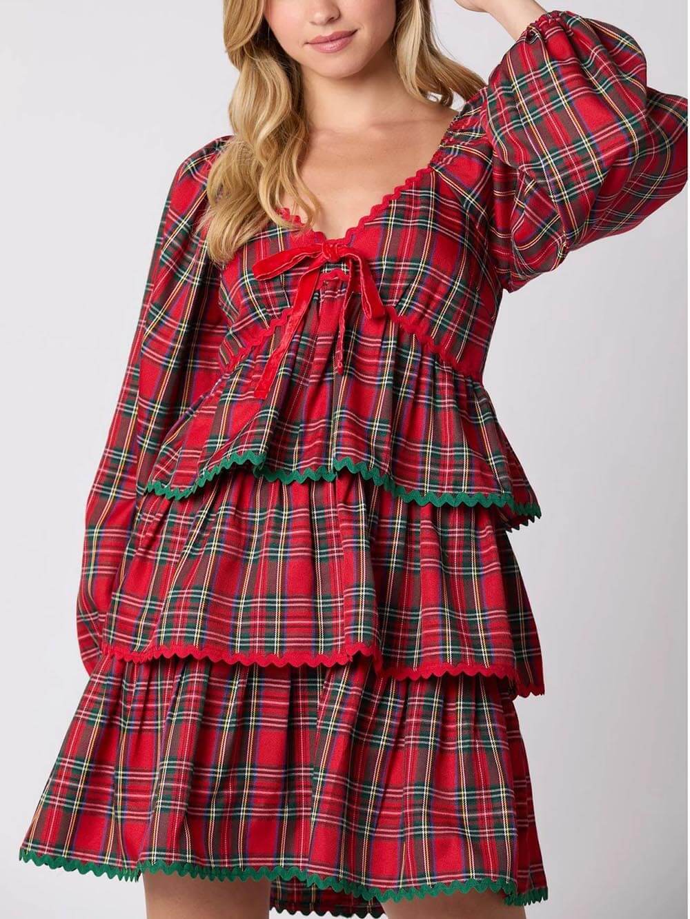 Christmas Plaid Long Sleeve Layered Dress