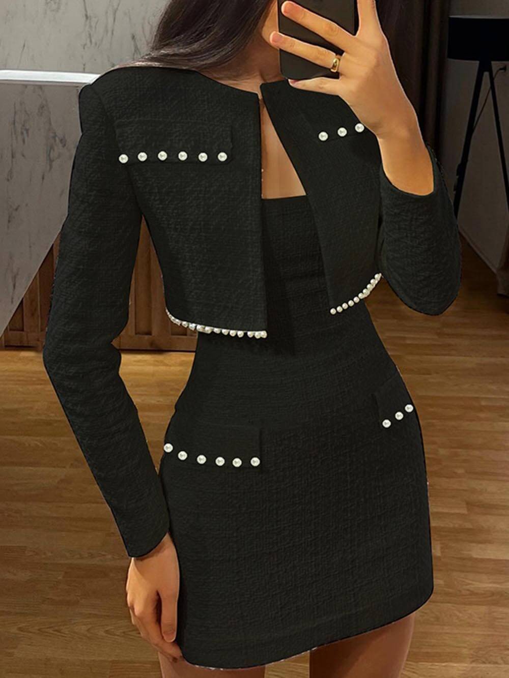 Elegante elegante sem mangas tweed sexy slim fit pérola embelezado mini vestido