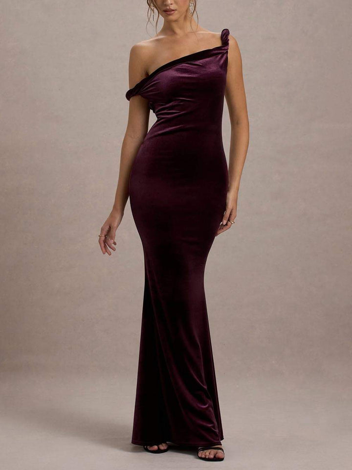 Elegant Velvet Twist Asymmetric Maxi Dress