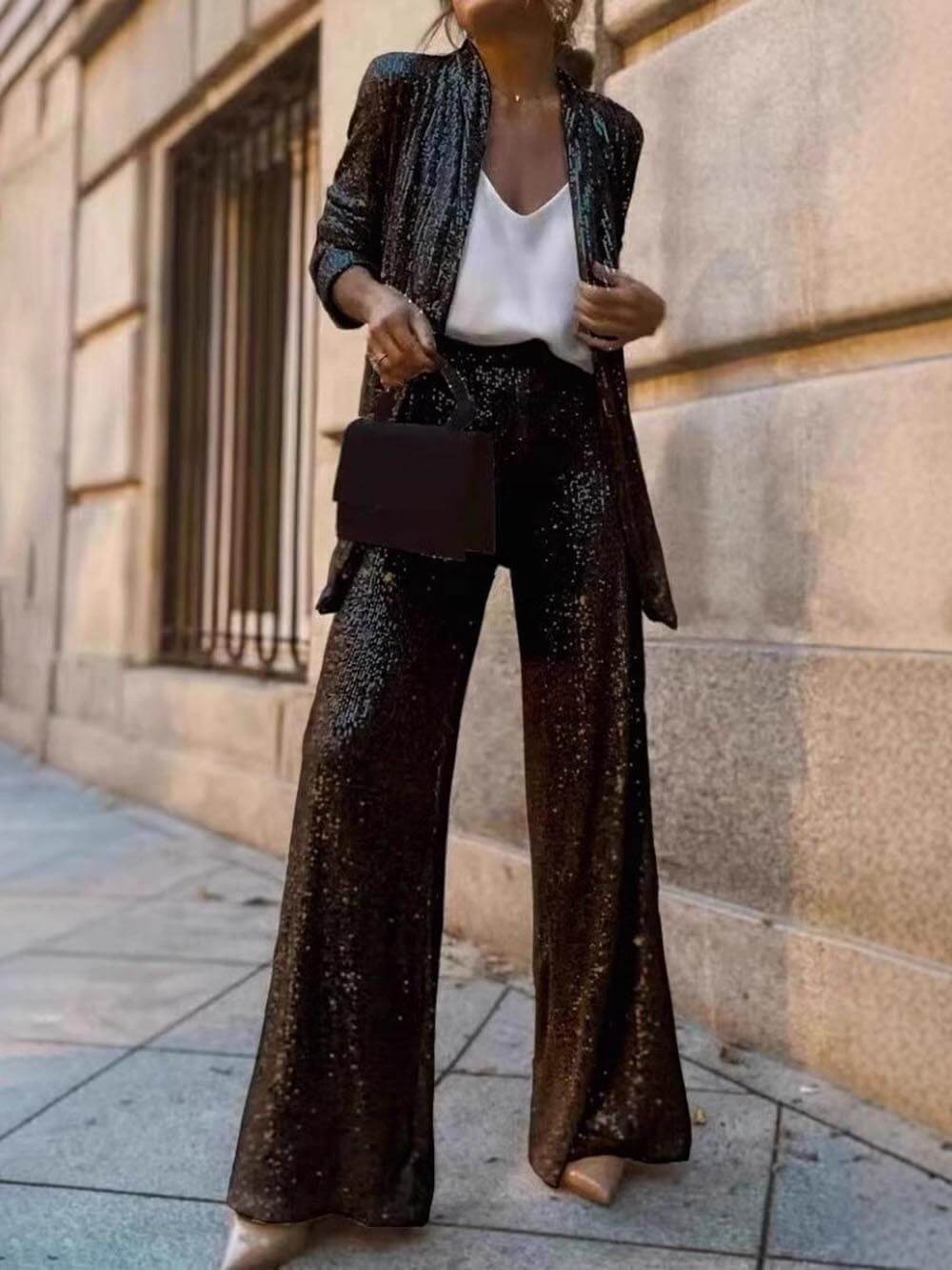 Unique Sequin Party Scene High Rise Elastic Waist Wide Leg Pants